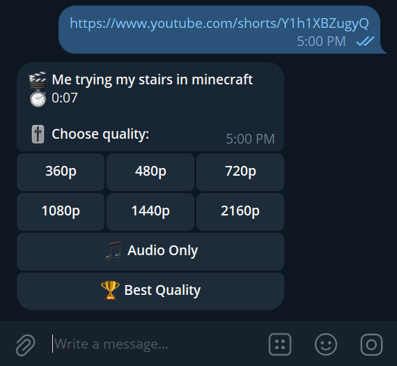 YouTube download Telegram bot — choose quality from 360p to 4K and Best Quality
